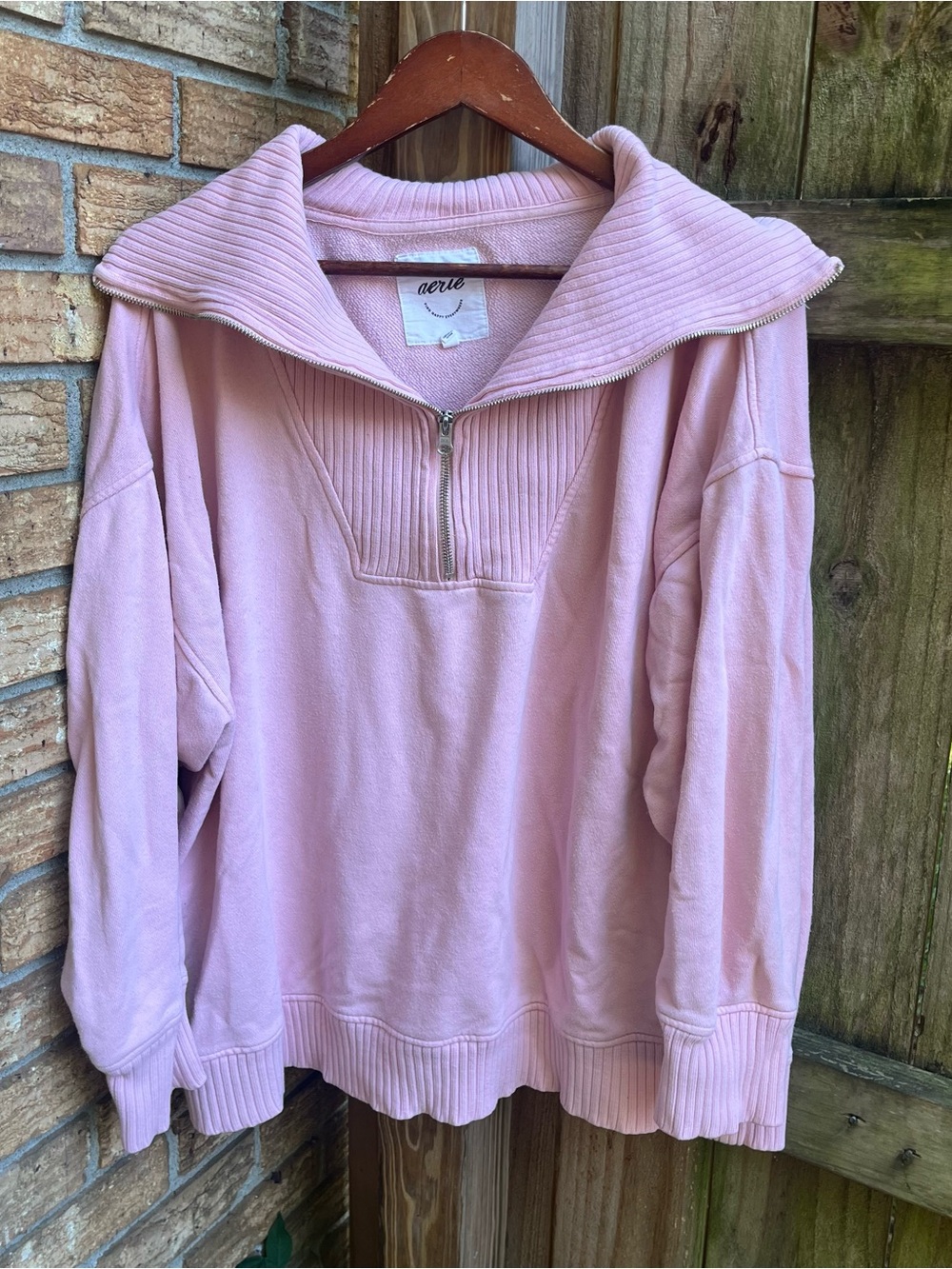 Aerie Oversized Pastel Pink Half-Zip Funnel Sweatshirt